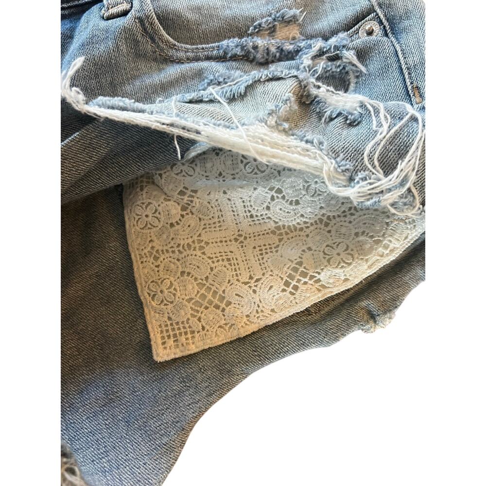 AE Super Low Shortie Distressed Denim Lace Festival Shorts | 8 - Picture 5 of 5